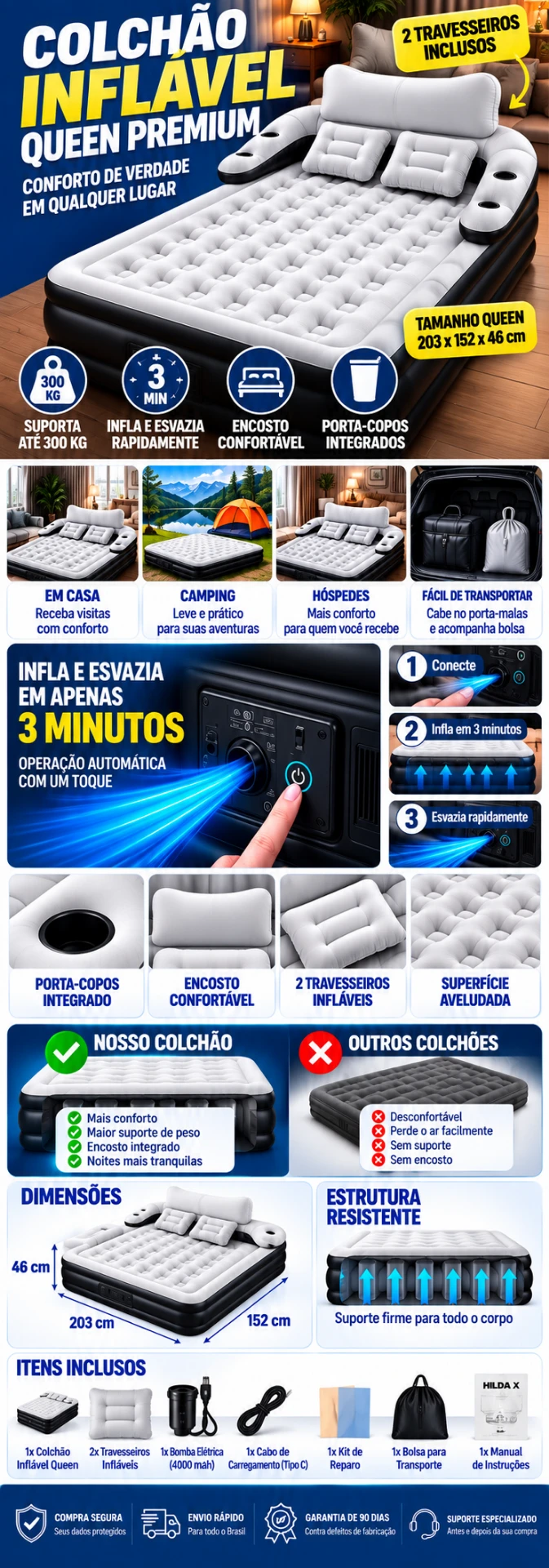 Colchão Inflável Queen Premium: conforto em qualquer lugar, suporta até 300kg, infla e esvazia rapidamente em 3 minutos, encosto confortável, porta-copos integrados, 2 travesseiros inclusos, tamanho queen 203x152x46cm