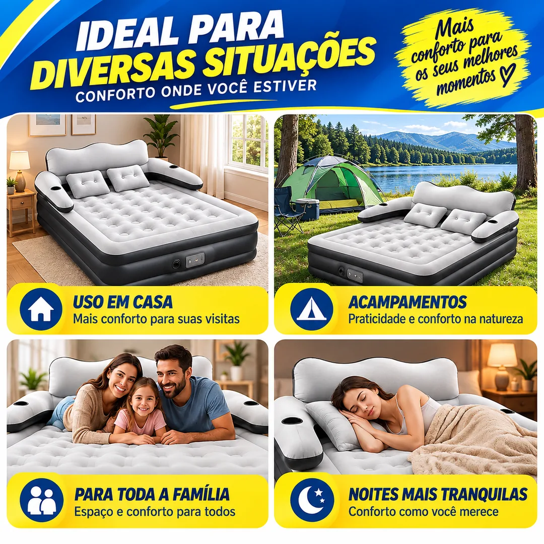 Colchão Inflável Queen com Encosto — ideal para uso em casa, acampamentos, toda a família e noites mais tranquilas