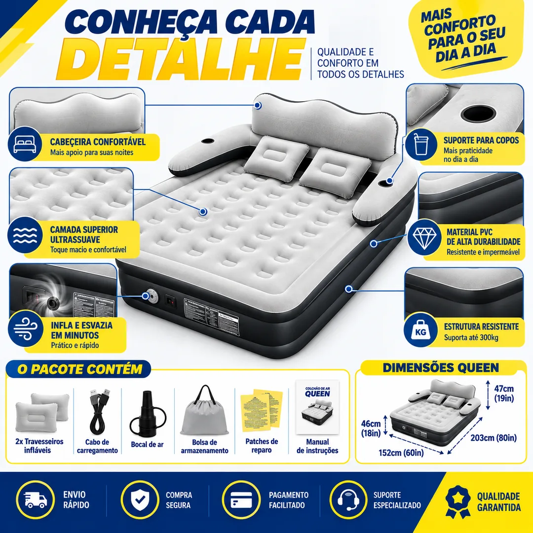Colchão Inflável Queen com Encosto — conheça cada detalhe: cabeceira confortável, camada ultrassuave, material PVC de alta durabilidade e dimensões Queen